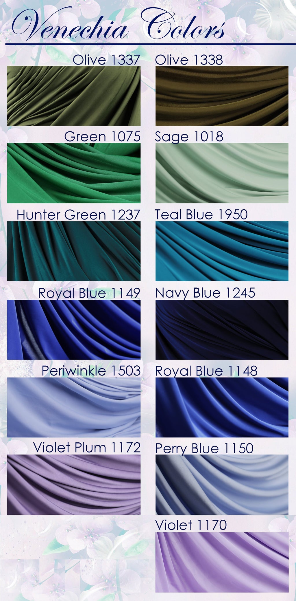 a collection of fabric swatches in various colors, including olive, green, blue, and purple.
