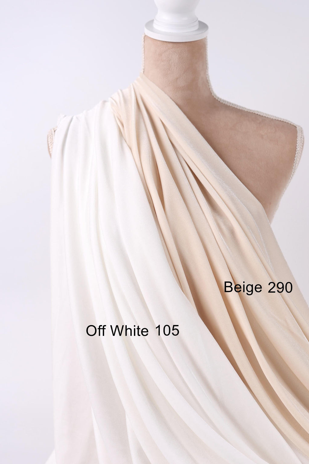 A mannequin wearing a white and beige draped garment, with the text "Off White 105" and "Beige 290" indicating the color of the fabric.