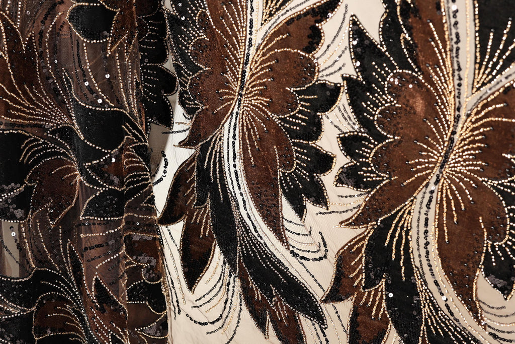 a close-up view of a fabric with a floral pattern, showcasing intricate details and textures.