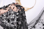A hand is holding a piece of black fabric adorned with a floral pattern, featuring black roses and other flowers. The fabric appears to be made of sheer material, with a black and white color scheme.