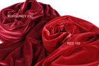 two close-up views of a red velvet fabric, with the text "BURGundy 232" and "RED 192" indicating the color of the fabric.