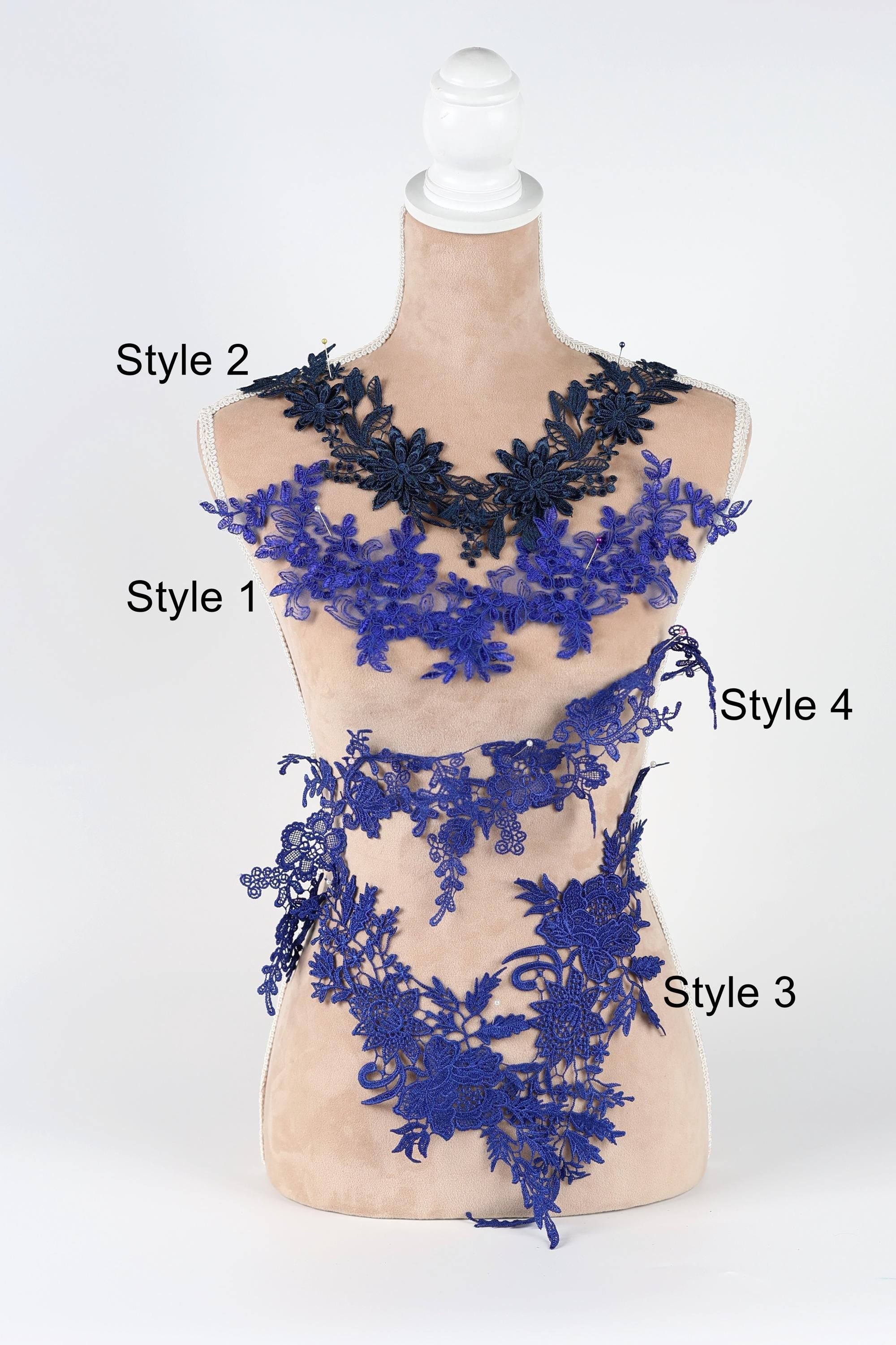 A mannequin wearing a blue lace dress with three distinct styles: Style 2, Style 1, and Style 4.