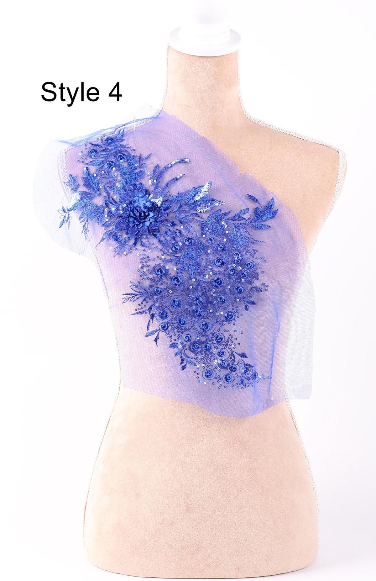 A mannequin with a purple floral embroidered on its shoulder, labeled as "Style 4".