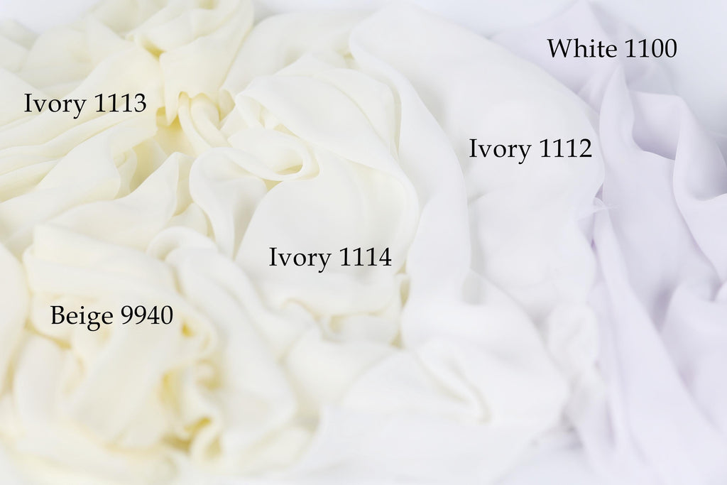 The image is a close-up of a pile of white fabric, with each fabric type labeled.