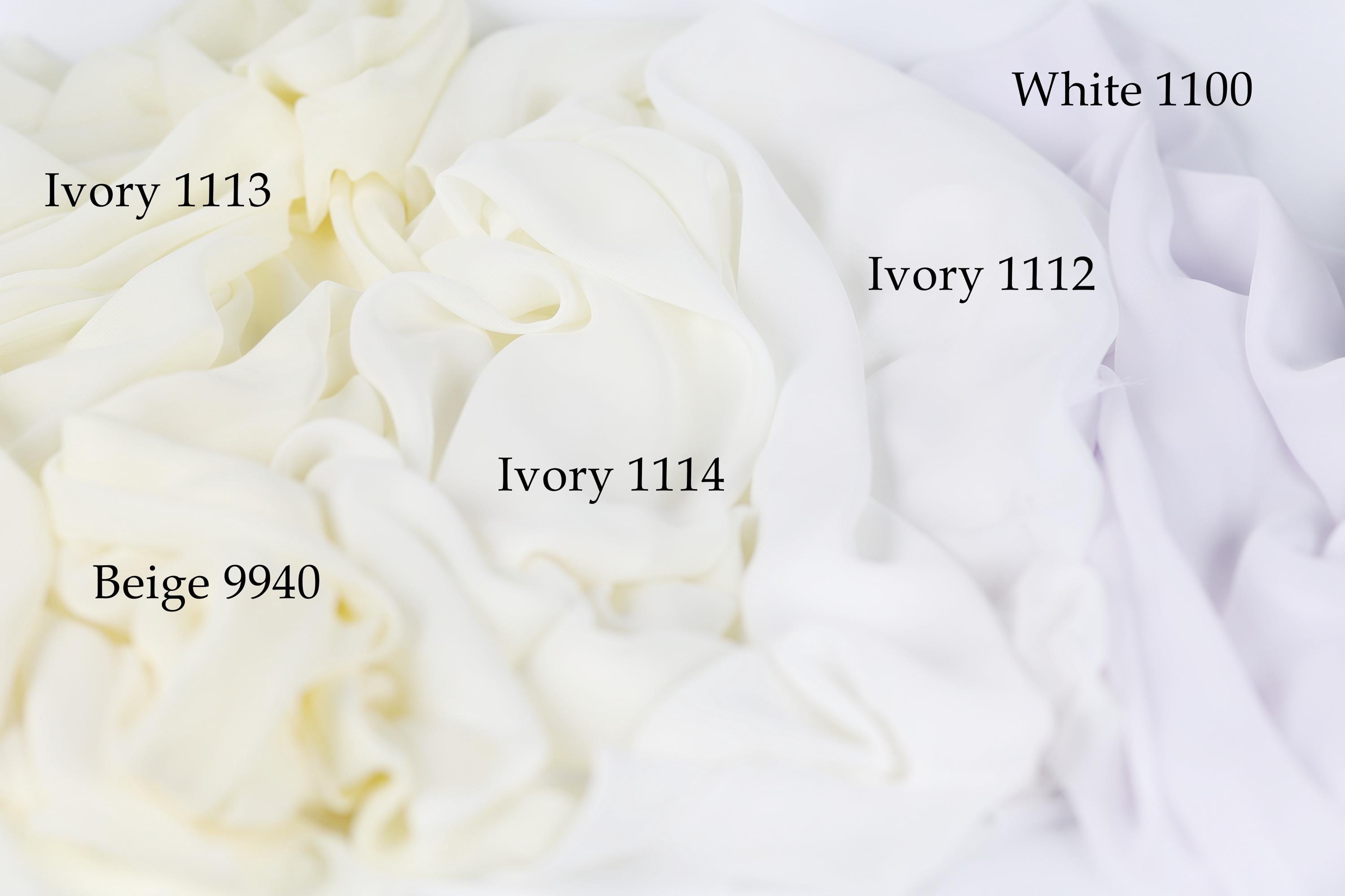 The image is a close-up of a pile of white fabric, with each fabric type labeled.