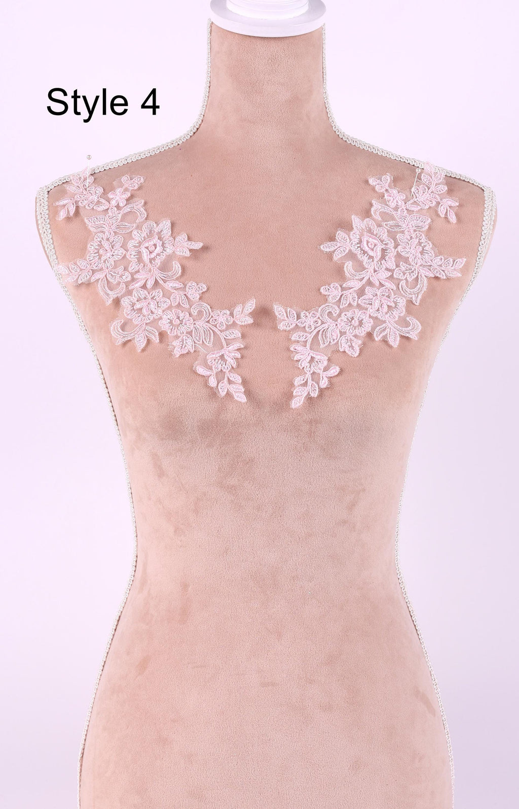 A mannequin with a pink floral lace overlay on its bust area, labeled as "Style 4".