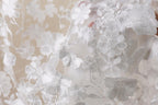 The image is a close-up of a delicate, white lace fabric with intricate floral embroidery.