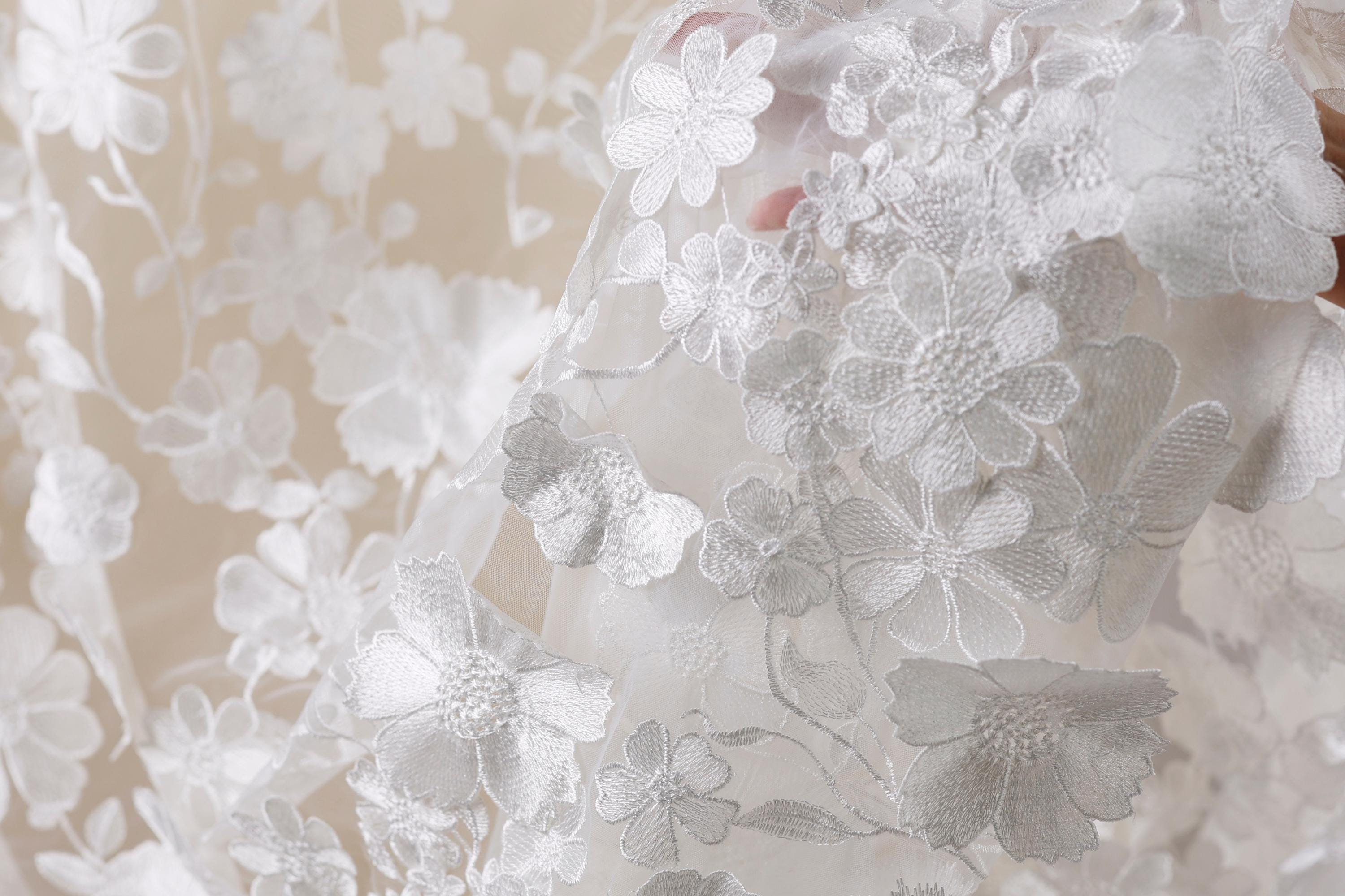 The image is a close-up of a delicate, white lace fabric with intricate floral embroidery.