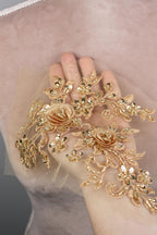 A hand holding a delicate piece of fabric adorned with intricate gold embroidery and floral embellishments.