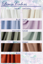a collection of fabric swatches in various colors, including Ivory, Natural, Blue, Lilac, Military, Sage, Brown, Khaki, and Rust.