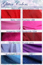 a collection of eight fabric swatches, each with a different color and texture, including glittery and sparkly patterns.