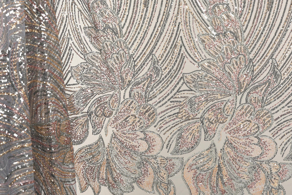a close-up view of a fabric with a floral pattern, showcasing intricate details and textures.