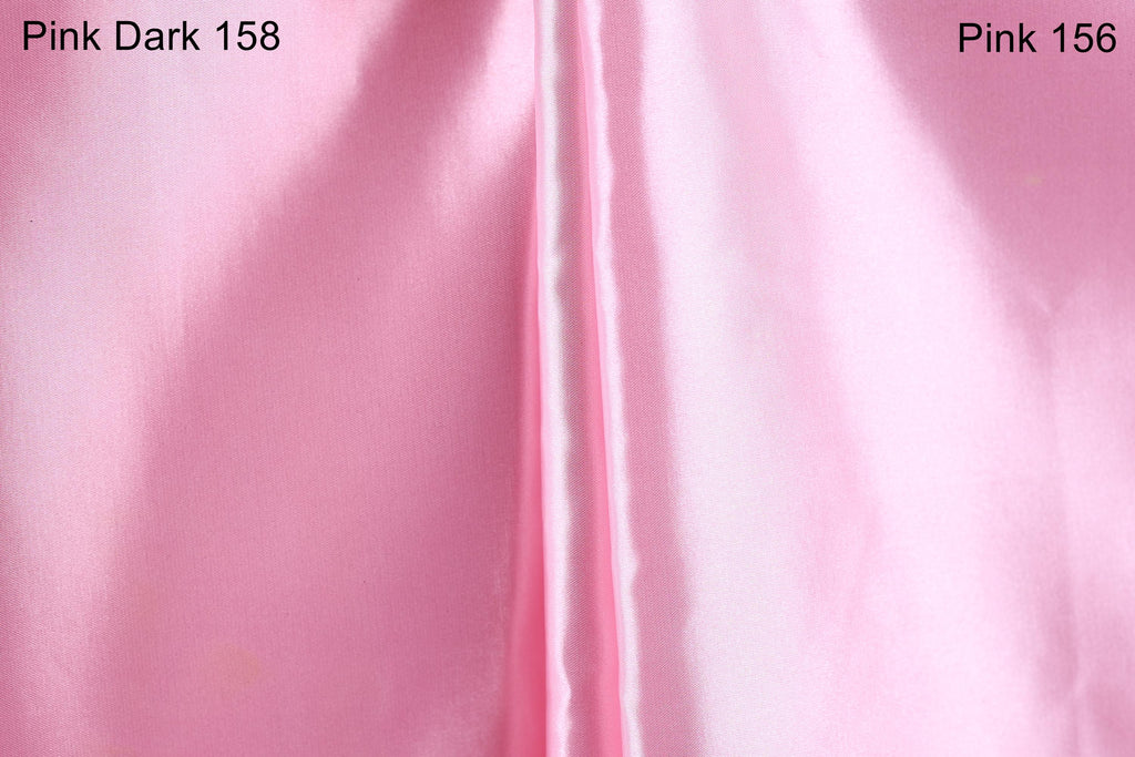 a close-up of a pink satin fabric, with a focus on the color and texture. The text "Pink Dark 158" and "Pink 156" are visible, indicating the color of the fabric.