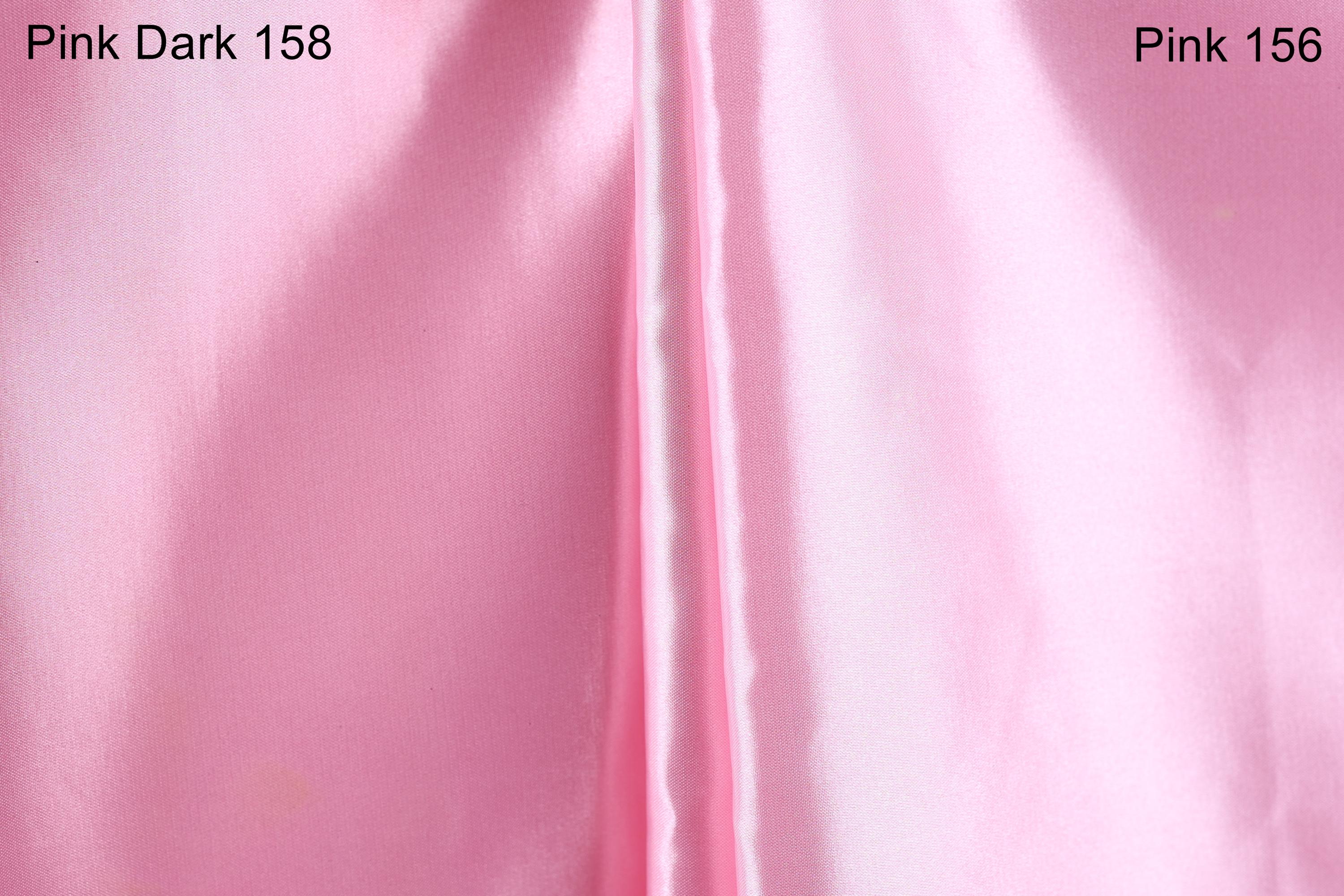 a close-up of a pink satin fabric, with a focus on the color and texture. The text "Pink Dark 158" and "Pink 156" are visible, indicating the color of the fabric.