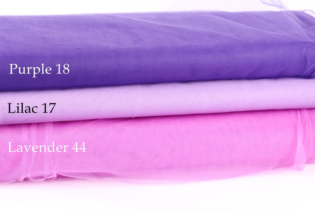 three fabric swatches stacked on top of each other, each with a different color: Purple 18, Lilac 17, and Lavender 44.
