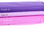 three fabric swatches stacked on top of each other, each with a different color: Purple 18, Lilac 17, and Lavender 44.