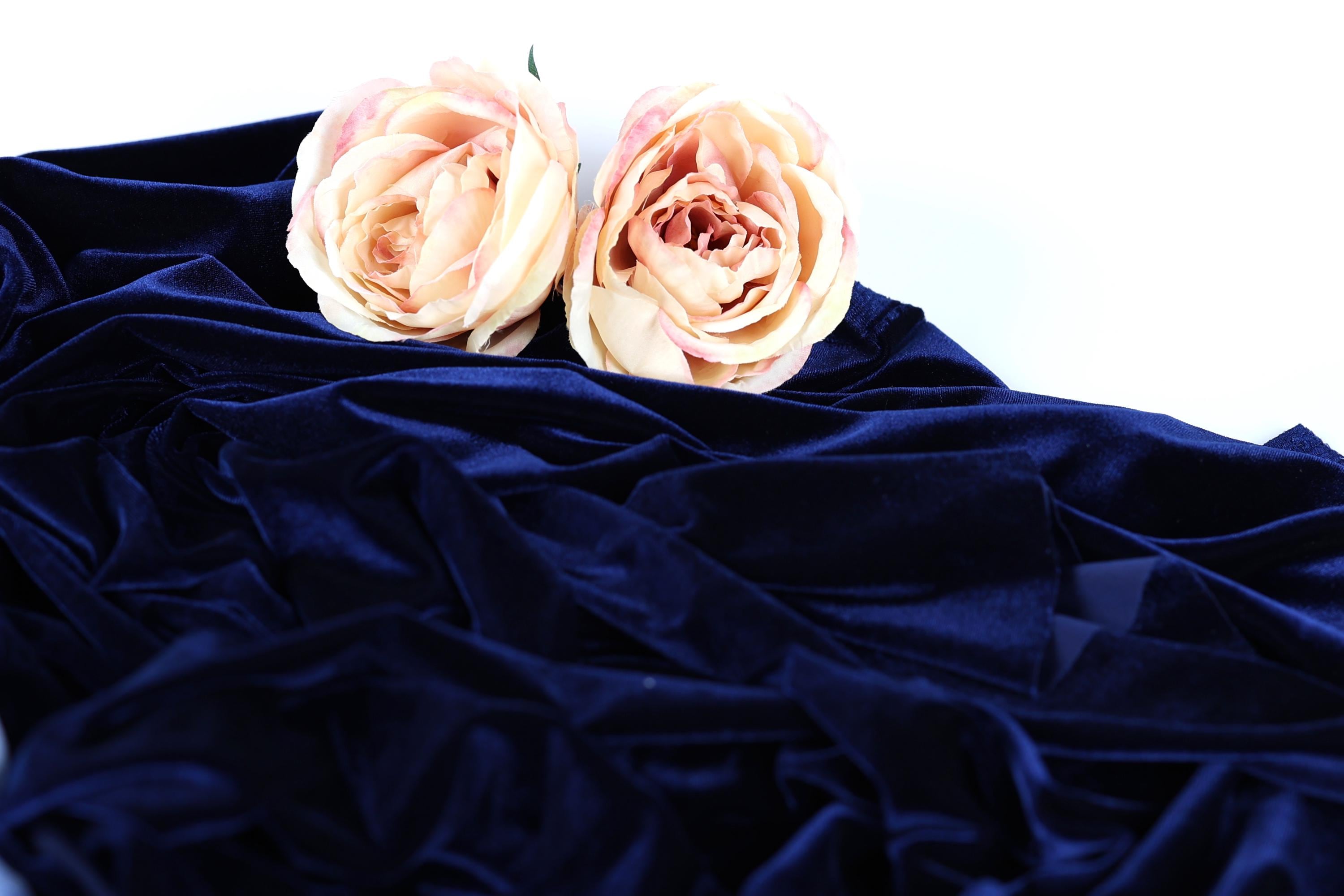 Two light pink roses resting on a crumpled navy blue fabric.
