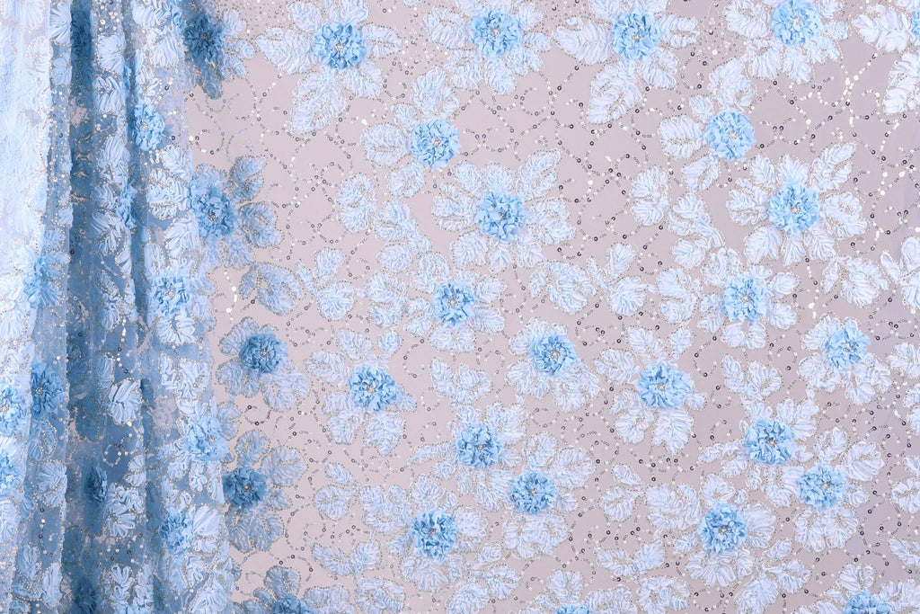 a close-up view of a fabric with a floral pattern. The fabric appears to be a light blue color, with white flowers and leaves scattered across it. The pattern is intricate and detailed, creating a visually appealing and textured surface.