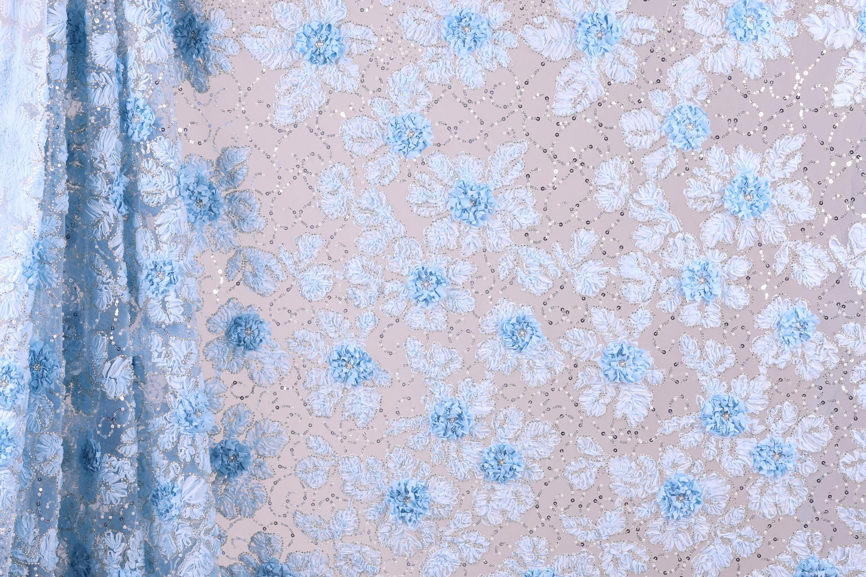 a close-up view of a fabric with a floral pattern. The fabric appears to be a light blue color, with white flowers and leaves scattered across it. The pattern is intricate and detailed, creating a visually appealing and textured surface.