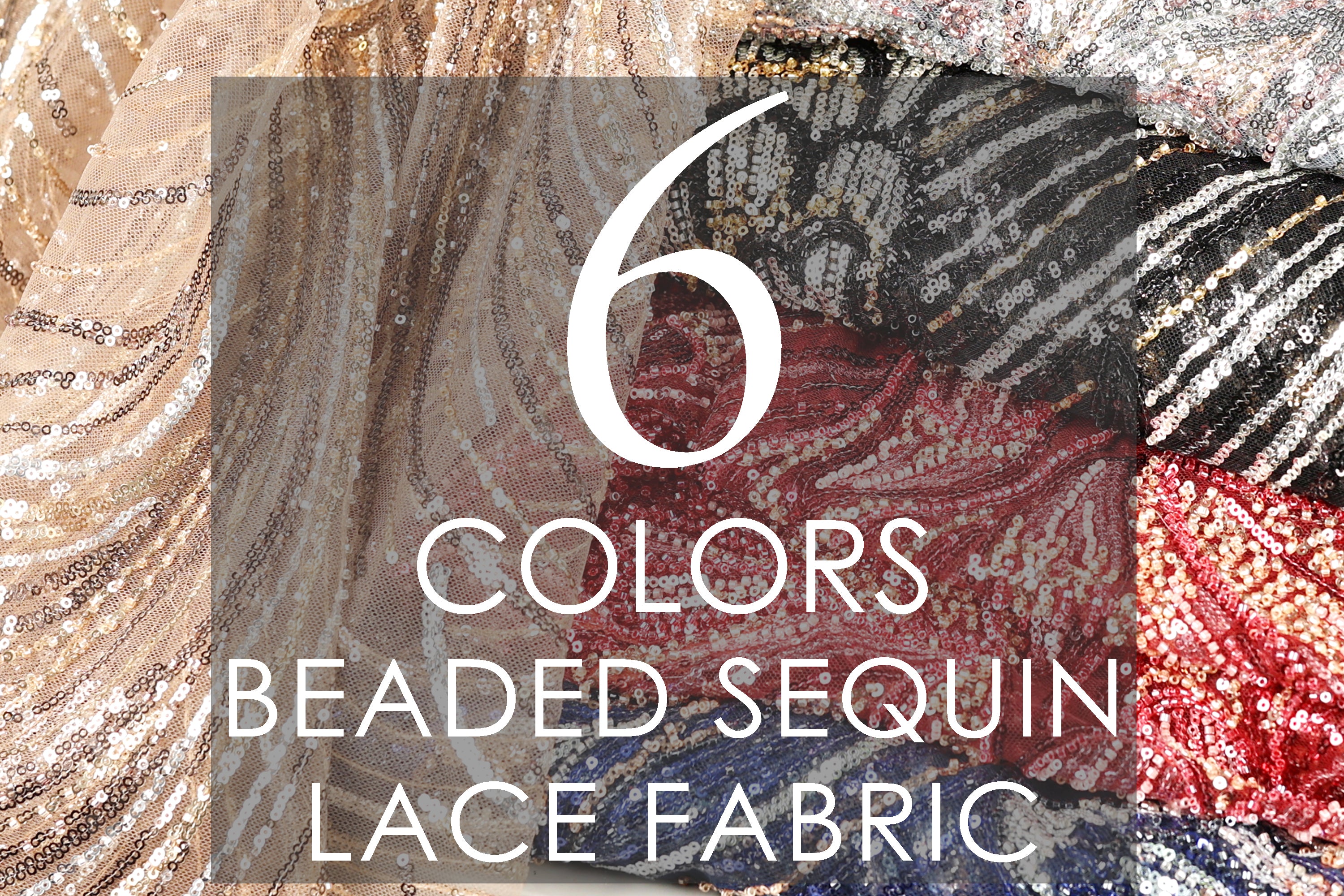 The image is a collage of various colored, sequined, and lace fabric samples, with the text "6 COLORS BEARD SEQUIN LACE FABRIC" overlaid on the image.