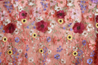 a close-up view of a fabric with a vibrant floral pattern. The fabric is adorned with a variety of colorful flowers, including red, pink, yellow, and purple, arranged in a visually appealing manner. The flowers are intricately embroidered or stitched onto the fabric, creating a lively and eye-catching design.