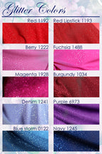 a collection of eight fabric swatches, each with a different color and texture, including glittery and sparkly patterns.