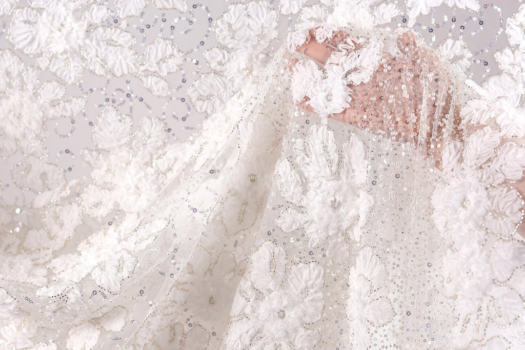 a close-up view of a delicate, white lace fabric with intricate floral patterns. The fabric appears to be made of a sheer, sheer-like material, giving it a delicate and elegant appearance. The background is blurred, drawing focus to the fabric and its details.