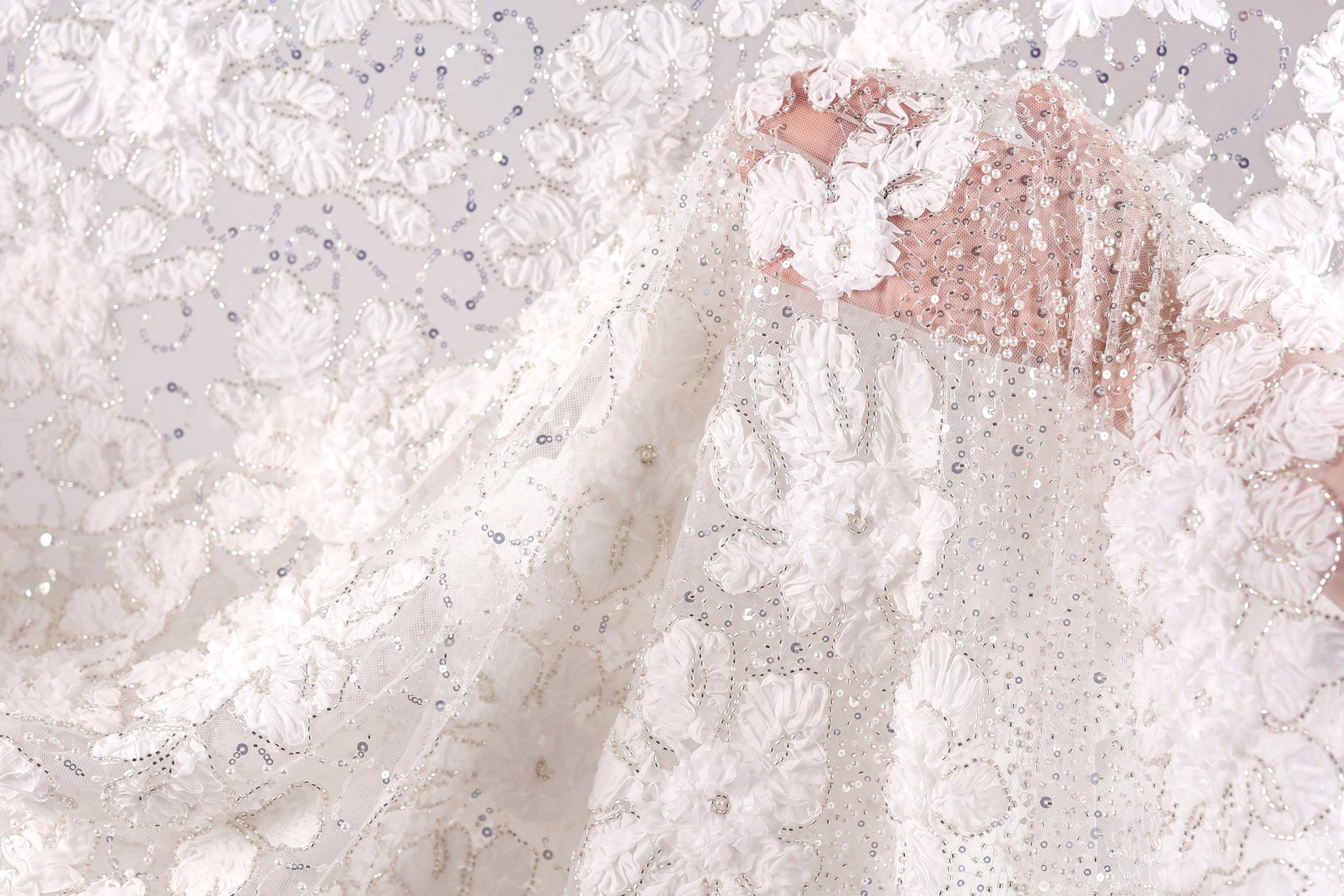 a close-up view of a delicate, white lace fabric with intricate floral patterns. The fabric appears to be made of a sheer, sheer-like material, giving it a delicate and elegant appearance. The background is blurred, drawing focus to the fabric and its details.