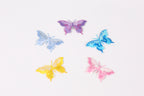 five colorful butterfly stickers arranged in a circular pattern against a white background.