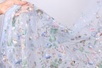A hand is holding a piece of fabric with a floral pattern, featuring various colors and designs.