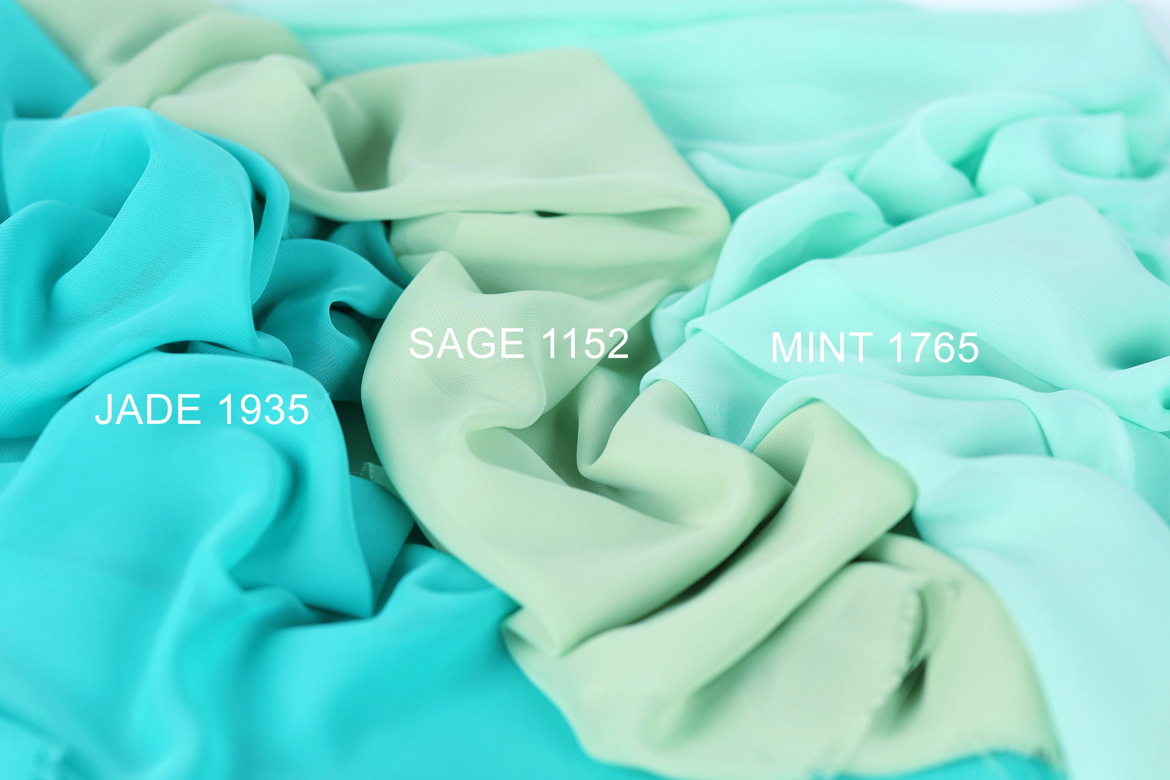 three different fabric swatches in turquoise, mint, and jade colors, with the text "JADE 1935", "SAGE 1152", and "MINT 1765" indicating the fabric type and year.