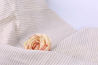 A single, delicate pink rose rests on a beige fabric with horizontal stripes.