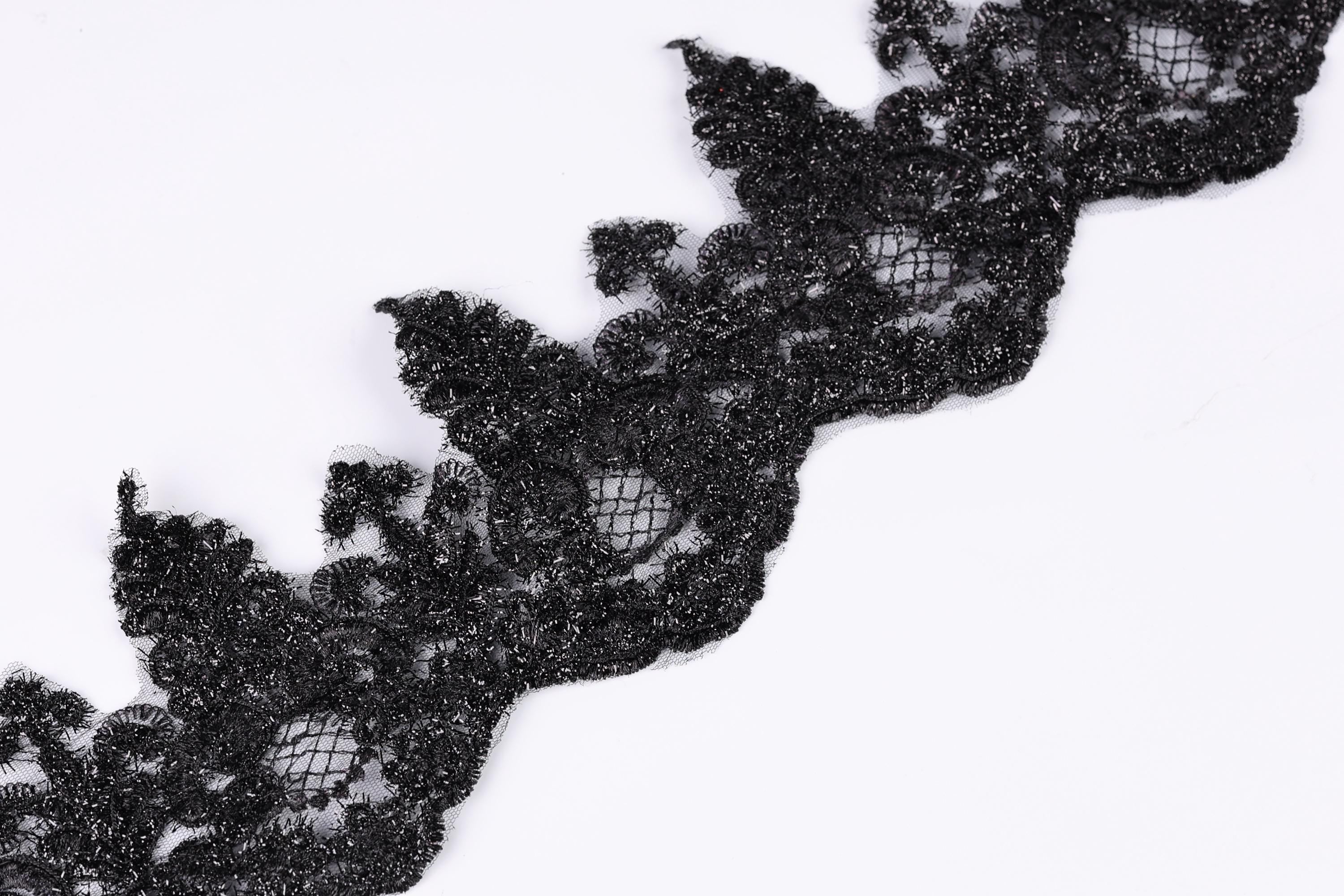 a close-up view of a black lace trim or ribbon, with intricate patterns and textures.