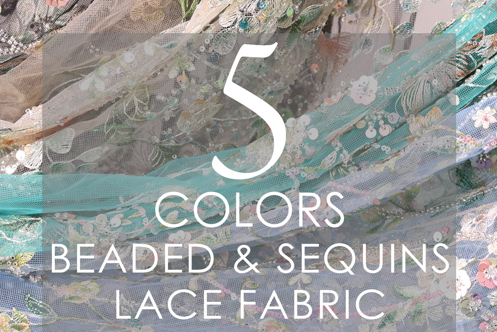 The image is a collage of various fabric swatches, showcasing different colors, beads, and sequins.