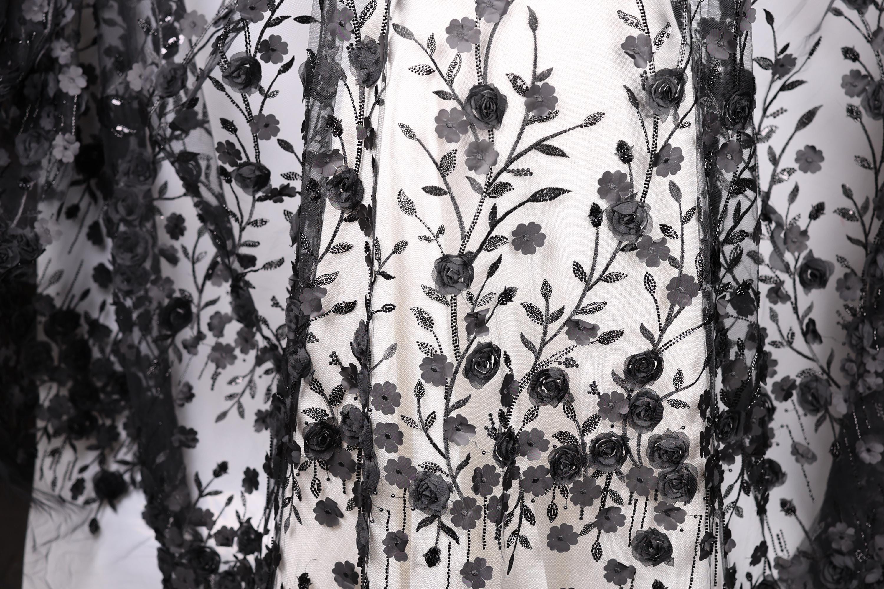 a close-up view of a delicate, intricate black and white lace fabric with a floral pattern. The lace appears to be made of a sheer material, giving it a delicate and elegant appearance. The floral pattern consists of numerous small black flowers and leaves, which are intricately woven into the fabric, creating a visually striking and detailed design.