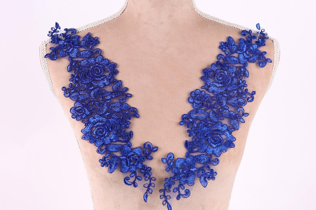 A mannequin torso with a decorative blue lace overlay featuring intricate floral patterns.