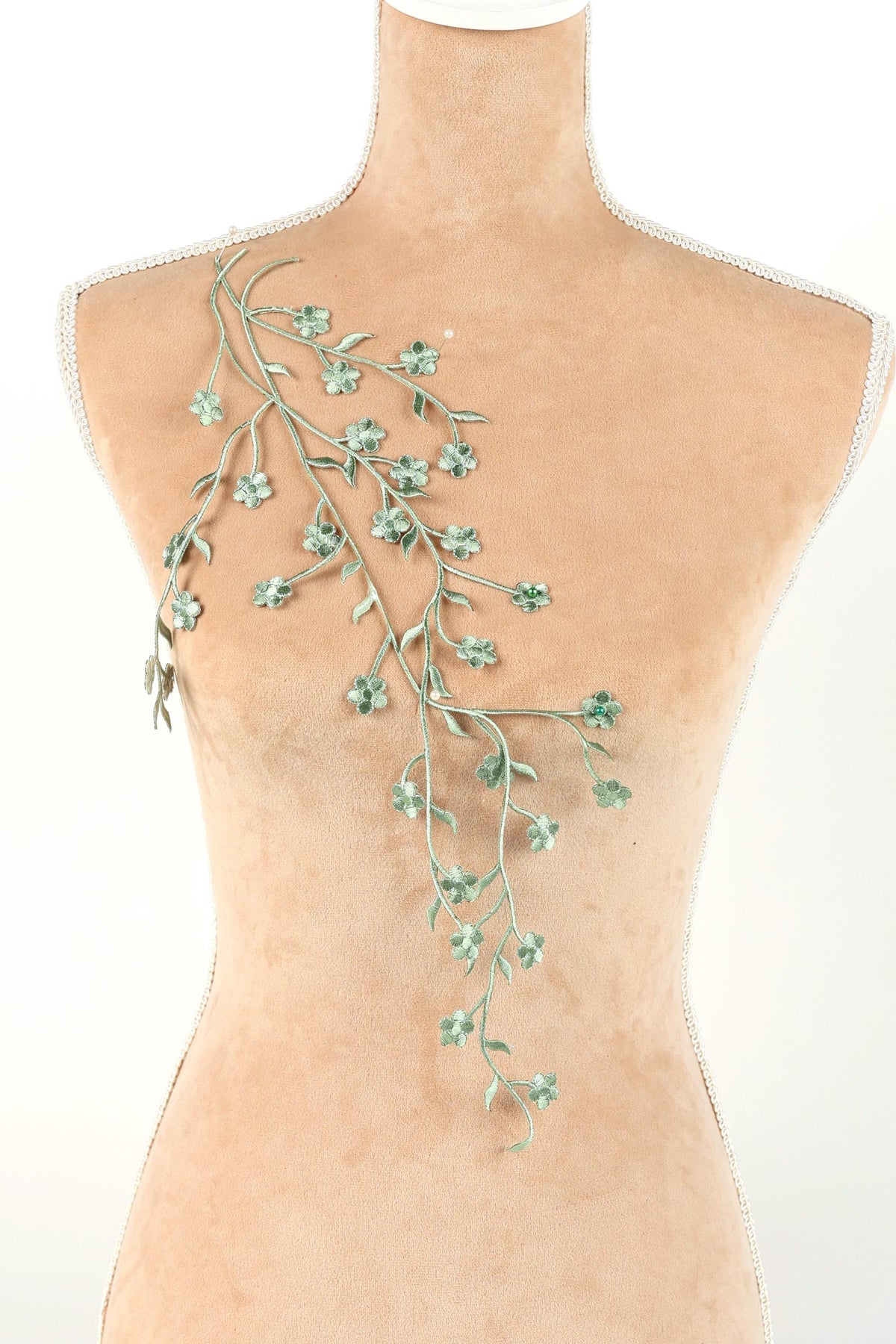 A mannequin torso with a decorative green leaf-like branch on the back.