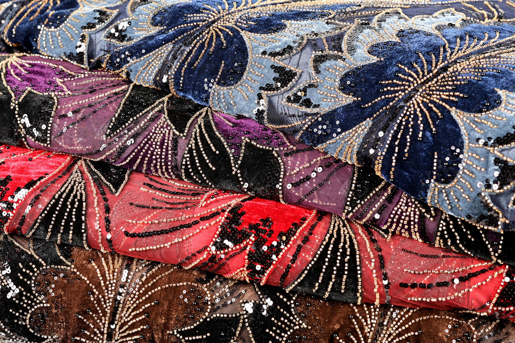 a close-up view of a fabric with a floral pattern, showcasing the intricate details and textures of the material.
