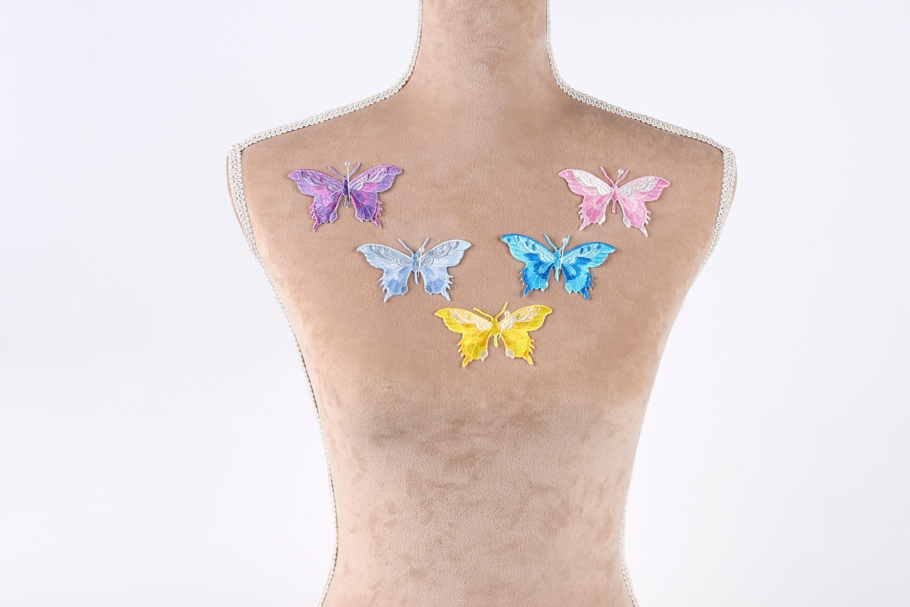 a mannequin with six colorful butterfly patches on its back.