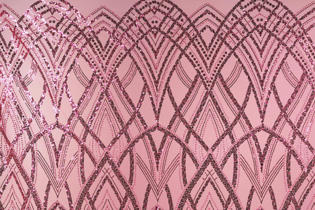 a pink background with a repeating pattern of black and pink lines and dots, creating a visually striking and intricate design.