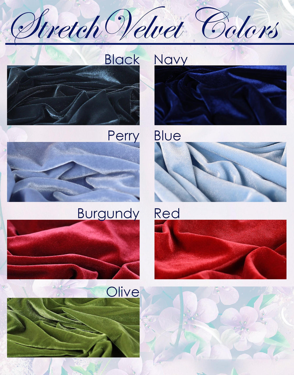 a collection of six different stretch velvet fabric colors, each with a unique texture and hue. The colors include black, navy, perry, blue, burgundy, and olive. The text "Stretch Velvet Colors" is prominently displayed at the top of the image, and the fabric samples are arranged in a grid format, showcasing the various textures and colors available.