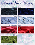 a collection of six different stretch velvet fabric colors, each with a unique texture and hue. The colors include black, navy, perry, blue, burgundy, and olive. The text "Stretch Velvet Colors" is prominently displayed at the top of the image, and the fabric samples are arranged in a grid format, showcasing the various textures and colors available.