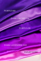 a collection of fabric swatches in various shades of purple, including Purple 660, Purple Orchid 554, Purple 688, and Purple Lush.