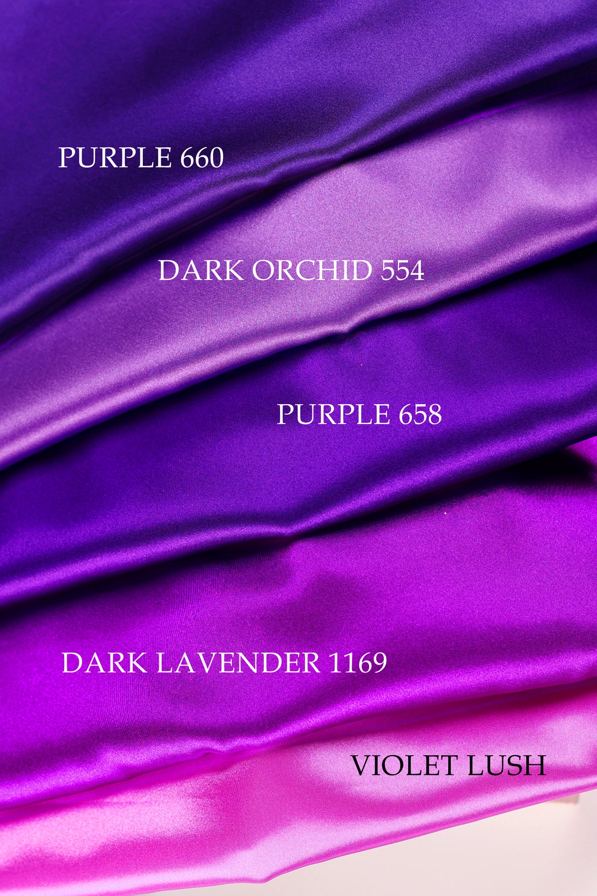 a collection of fabric swatches in various shades of purple, including Purple 660, Purple Orchid 554, Purple 688, and Purple Lush.