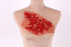A mannequin torso with a red floral embroidered patch on it.