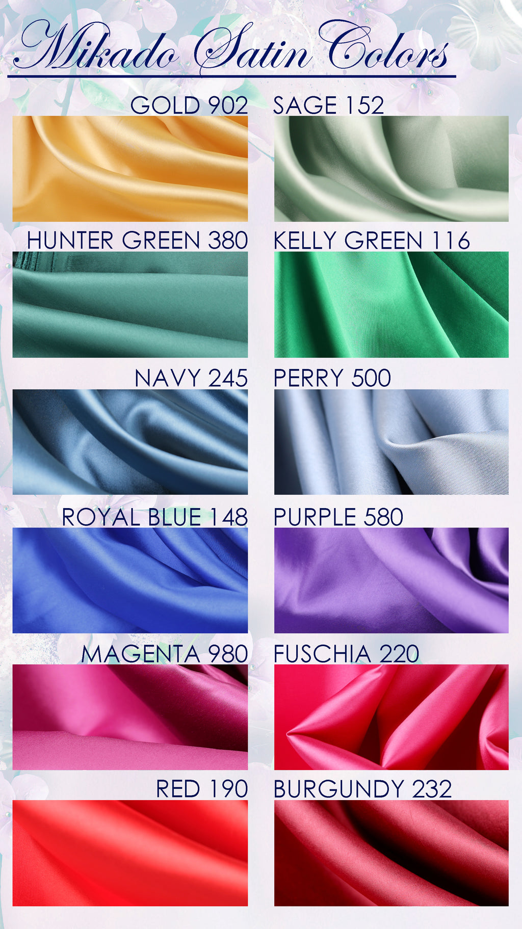 a collection of fabric colors, including gold, yellow, green, green, navy, purple, royal blue, purple, magenta, fuschia, red, burgundy, and pink.