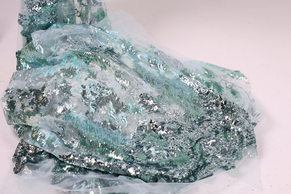 Green Mint African French Tulle Lace with Handmade Embroidery