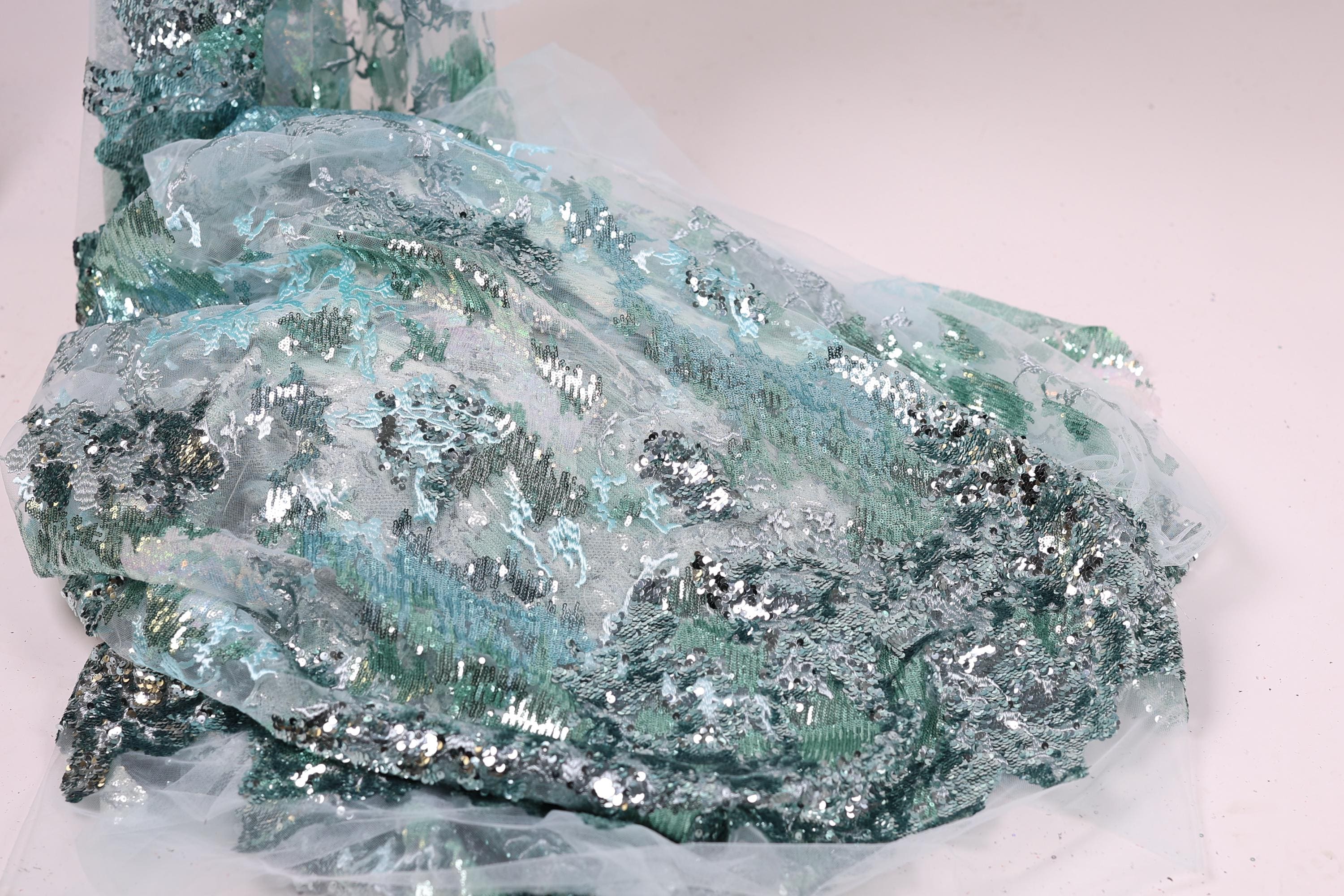 Green Mint African French Tulle Lace with Handmade Embroidery