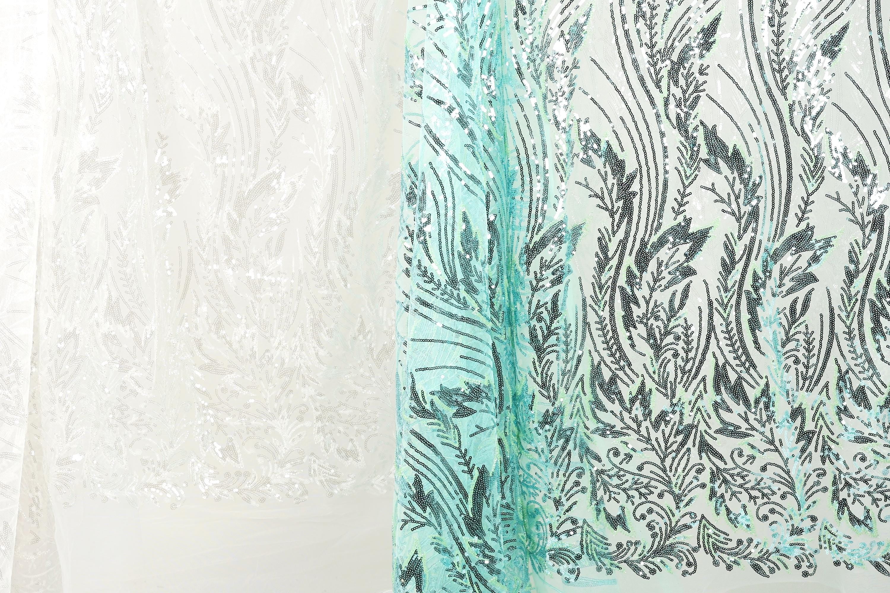 a close-up view of two fabric pieces with intricate patterns. The fabric on the left is white, while the fabric on the right is teal. The patterns on both fabrics are similar, with a floral or leaf-like design. The image does not contain any text or additional objects, and the focus is solely on the two fabric pieces.