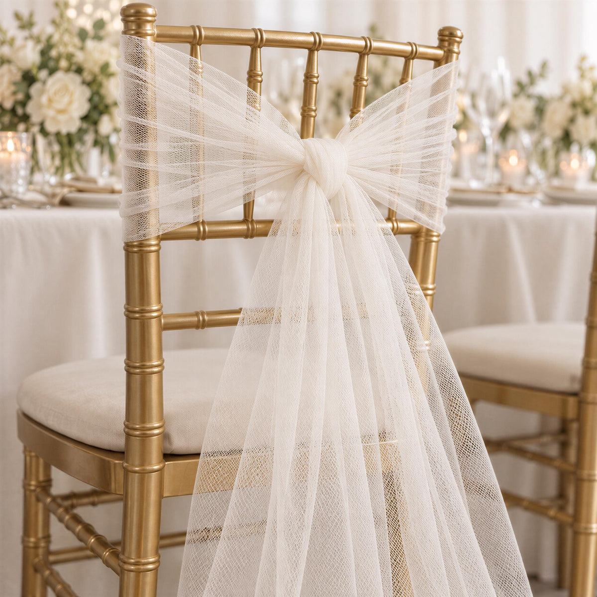 a gold-colored chair with a white, flowing veil draped over the backrest, creating an elegant and romantic atmosphere.